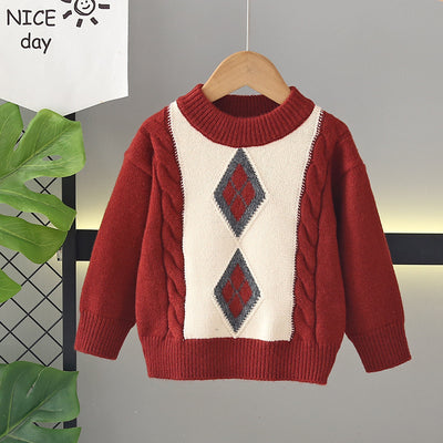 Kids' fleece-lined sweater: winter collection - thickened pullover knit top, korean style, boys' crew neck wool sweater