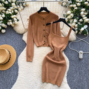 Commuting style knittingcardiganoutweartwo-piece setfemaleautumslim fitcardigan suspender dresssuitautum wear outfit