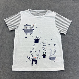 Infant & toddler striped short-sleeve t-shirt with magic fox & owl cartoon print - breathable, 100% cotton crew neck top