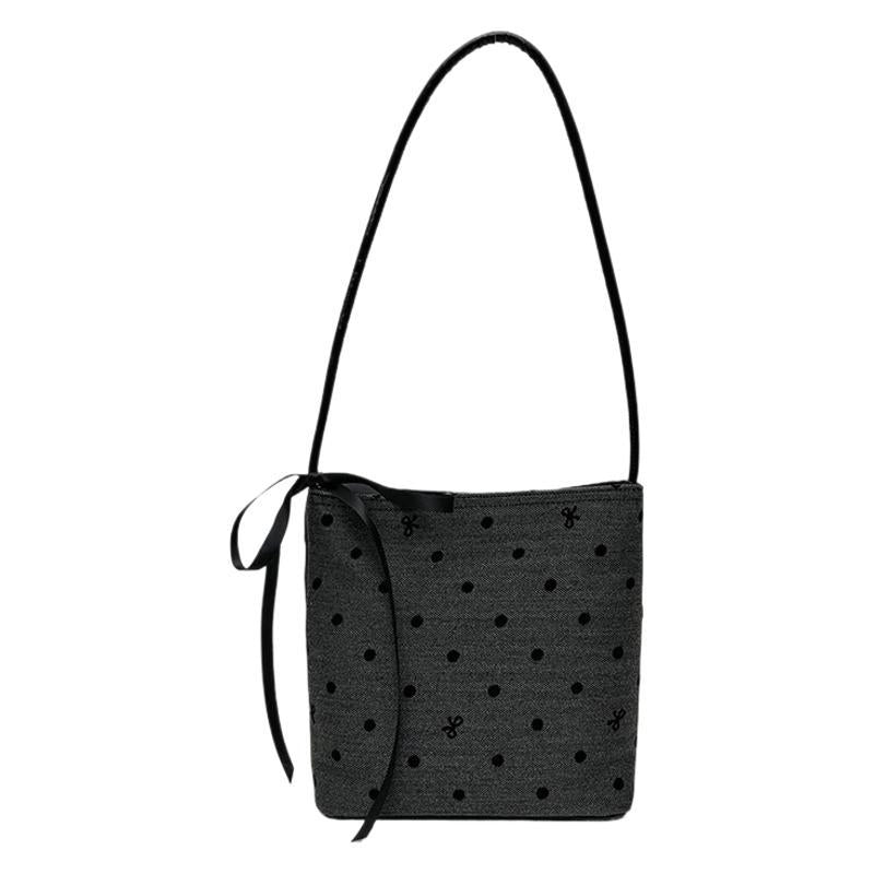 Canvas polka dot bag women's autumn 2025 new fashion commuter bow shoulder bag tote bucket women's bag