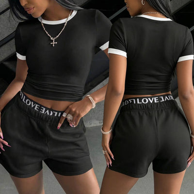 S391608 cross-border hot girl outfit: summer black and white color block crewneck short sleeve shorts two-piece set - export casual style