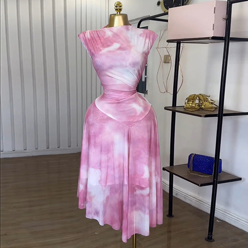 European and American  women's clothing 2025 summer new temperament sweet semi-turtleneck printed high-waisted irregular dress