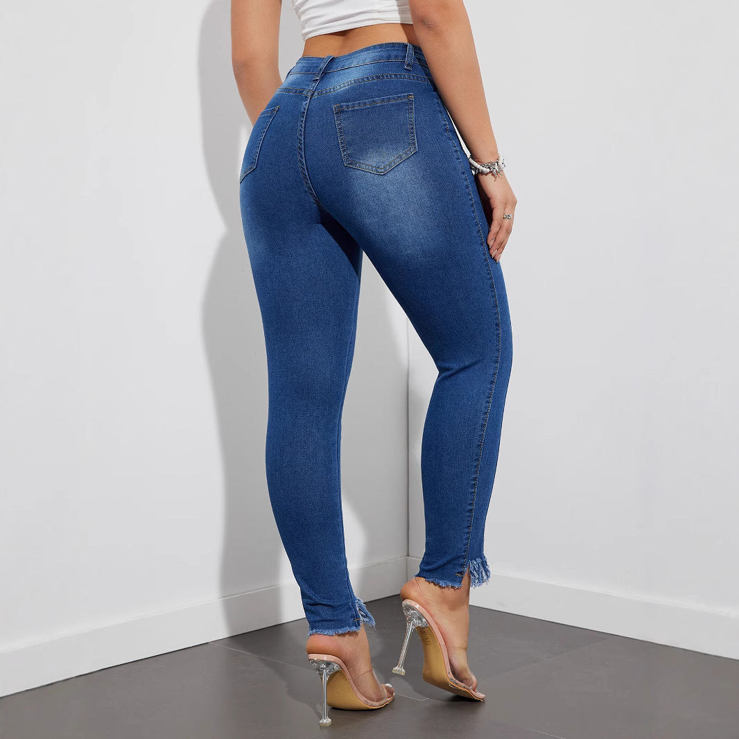 Spring 2025 new high-elastic thin jeans, elastic pants, pencil pants, high-waisted trousers, hip-wrapped and leg-long.
