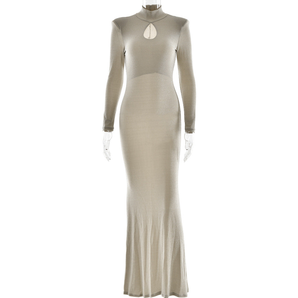 European and American  new women's elegant turtleneck fishtail dress  sexy round neck long-sleeved tight dress