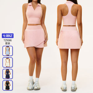 New arrival pilates yoga suit women's fixed cup lapel side flap pocket pants tennis wear fashion tape sports skirt 9586