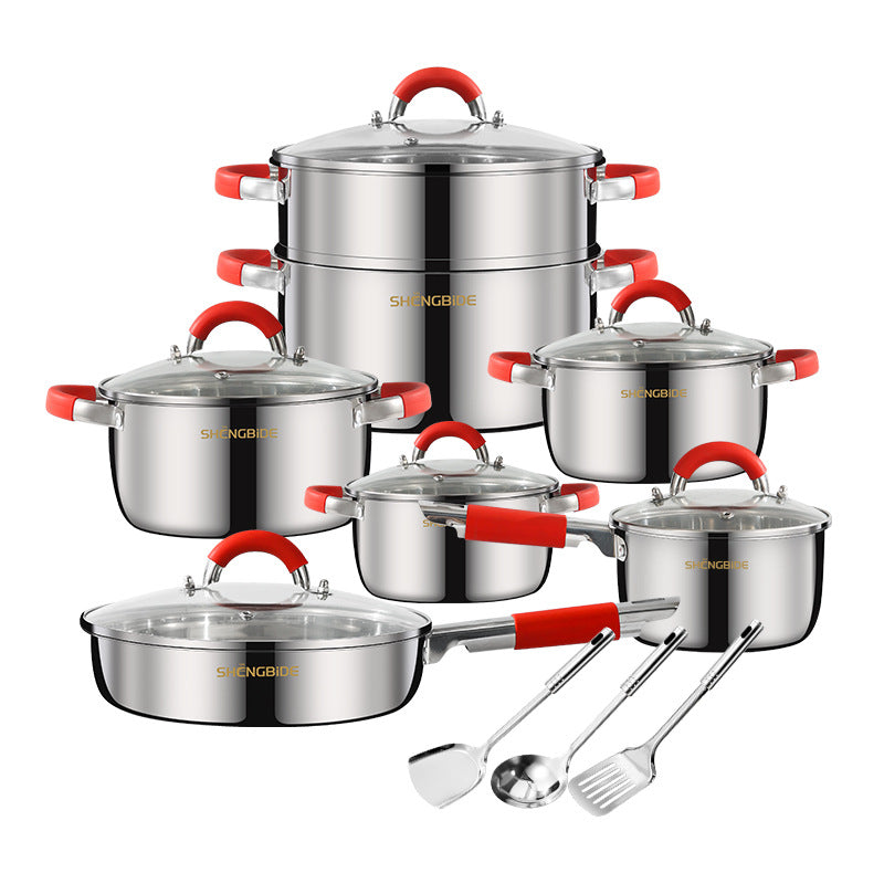 Cross-border cookware stainless steel pot set 16-piece set with silicone handle full set of combination non stick pot