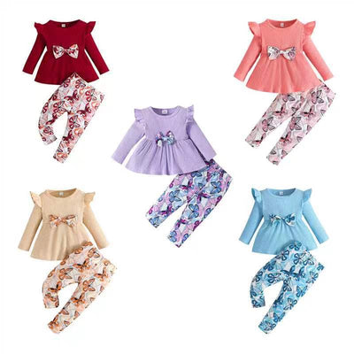 spring/autumn baby girl long-sleeve top & pants two-piece set - casual infant printed pants outfit