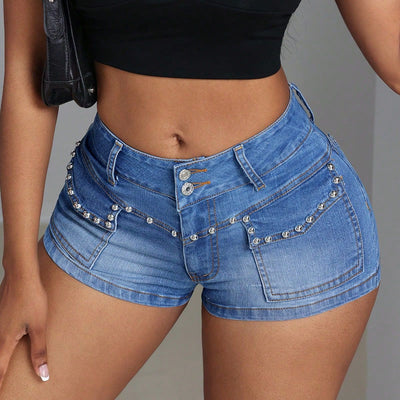 Pre-sale-65538# cross-border mid-low waist women's fashioncasualslimming look beaded mid-elastic denim shorts