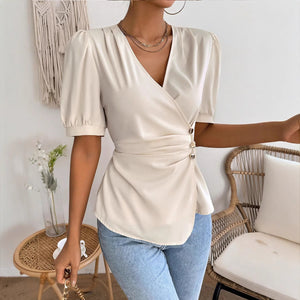 cross-border e-commerce: & - european & american style women's short-sleeve blouse - summer chic, slim-fit, tummy-control top