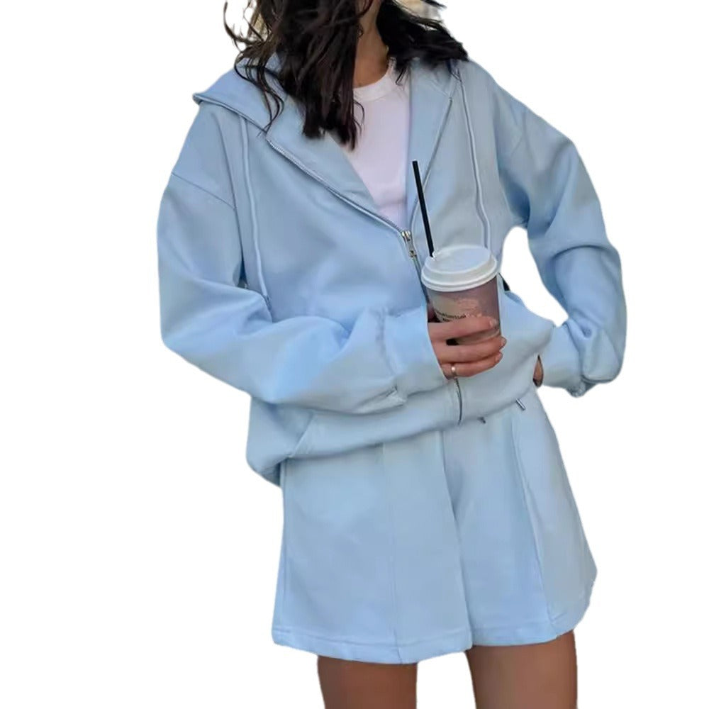 European and American  women's clothing fashion short zipper jacket shorts two-piece set casual sports cardigan shorts set women