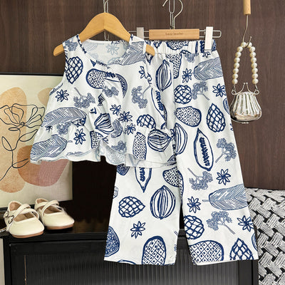 Girls' summer outfit : plant print casual sleeveless tank top and pants two-piece set - new cross-border wholesale & dropshipping