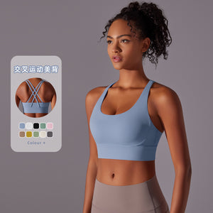 Fashion nude yoga vest women's cross back sports intimates bubble wrap push up seamless one-piece cup fitness bra