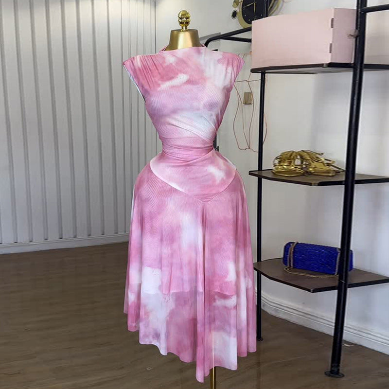 European and American  women's clothing 2025 summer new temperament sweet semi-turtleneck printed high-waisted irregular dress