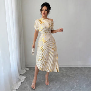 Fashion cross-border women's one-shoulder dress fashion style hot stamping short-sleeved florals waist asymmetrical pleated long skirt