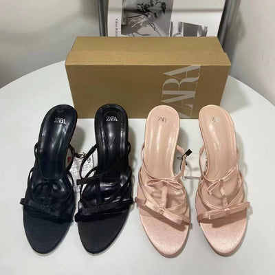 Za new 2024 round toe slingback high heel sandals - silk satin texture, bow accent, stiletto heel, open toe fashion heels