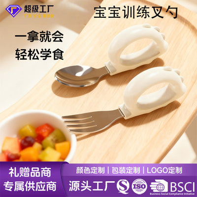 Wholesale children's stainless steel fork and spoon set, baby short-handled feeding fork and spoon, infant stainless steel training fork and spoon set