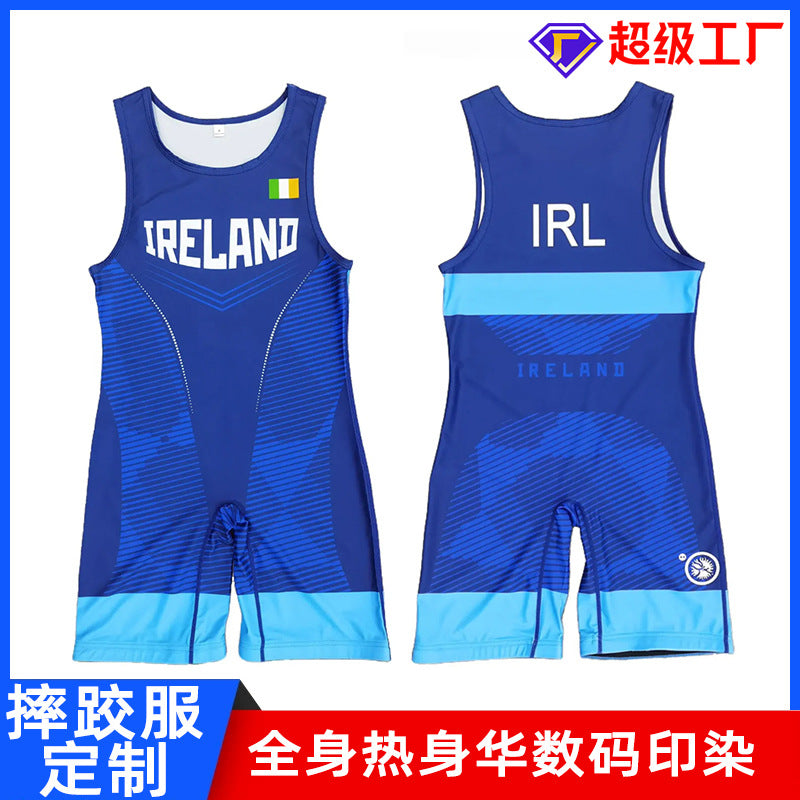 Sublimation full body print men's one-piece wrestling suit custom match weightlifting suit men's and women's free wrestling one-piece vest