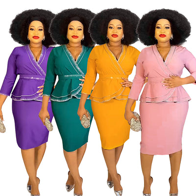 African women's plus size office lady commute chic rhinestone embellished tiktok fashion professional style two-piece dress set