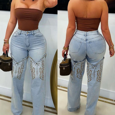 S391349 cross-border women's wholesale fashion classic embroidery retro literary blue high waist wide leg denim pants