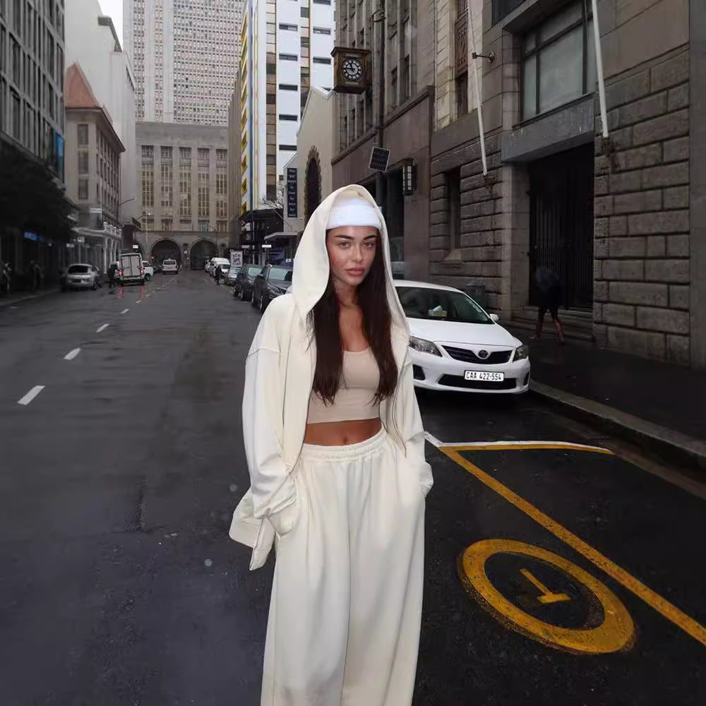 European and American Independent Station New Women's Suit Casual Hooded Long Sleeve Sweater Cardigan Pants Suit Fashion Suit Women