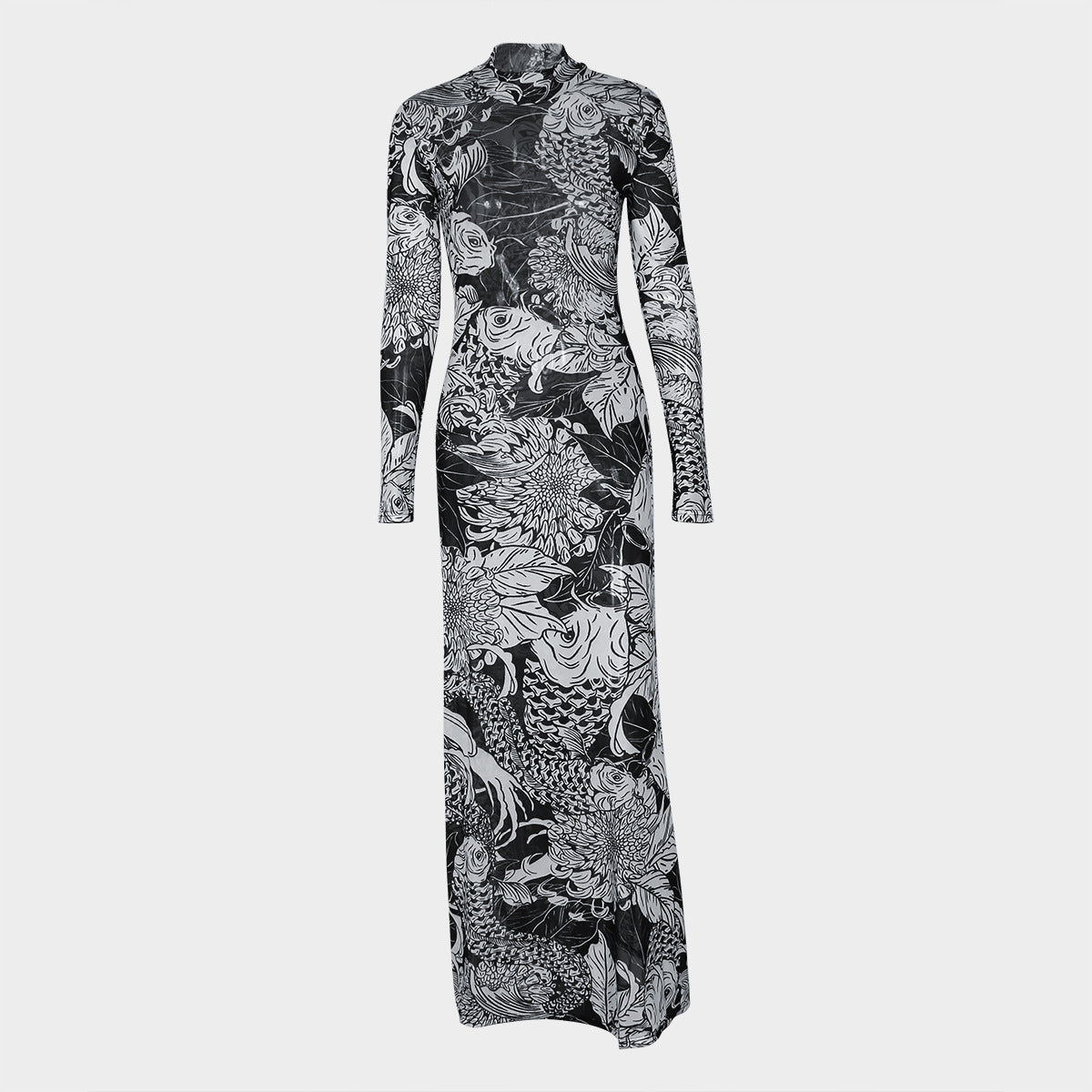 European and American  women's clothing 2023 autumn new fashion mesh printing perspective turtleneck slim and thin dress women