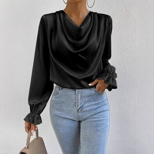 European and american foreign trade women's satin blouse - spring/summer cross-border new arrival long sleeve satin shirt top