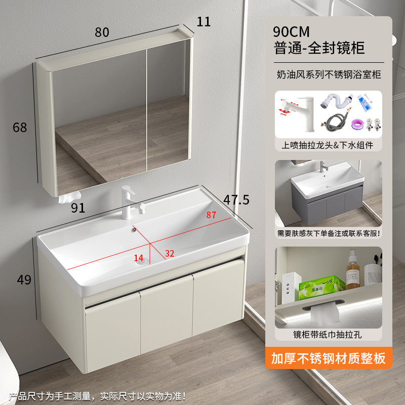 Stainless steel moisture-proof bathroom cabinet, smart mirror cabinet, washstand, ceramic integrated washbasin, deepen seamless washstand
