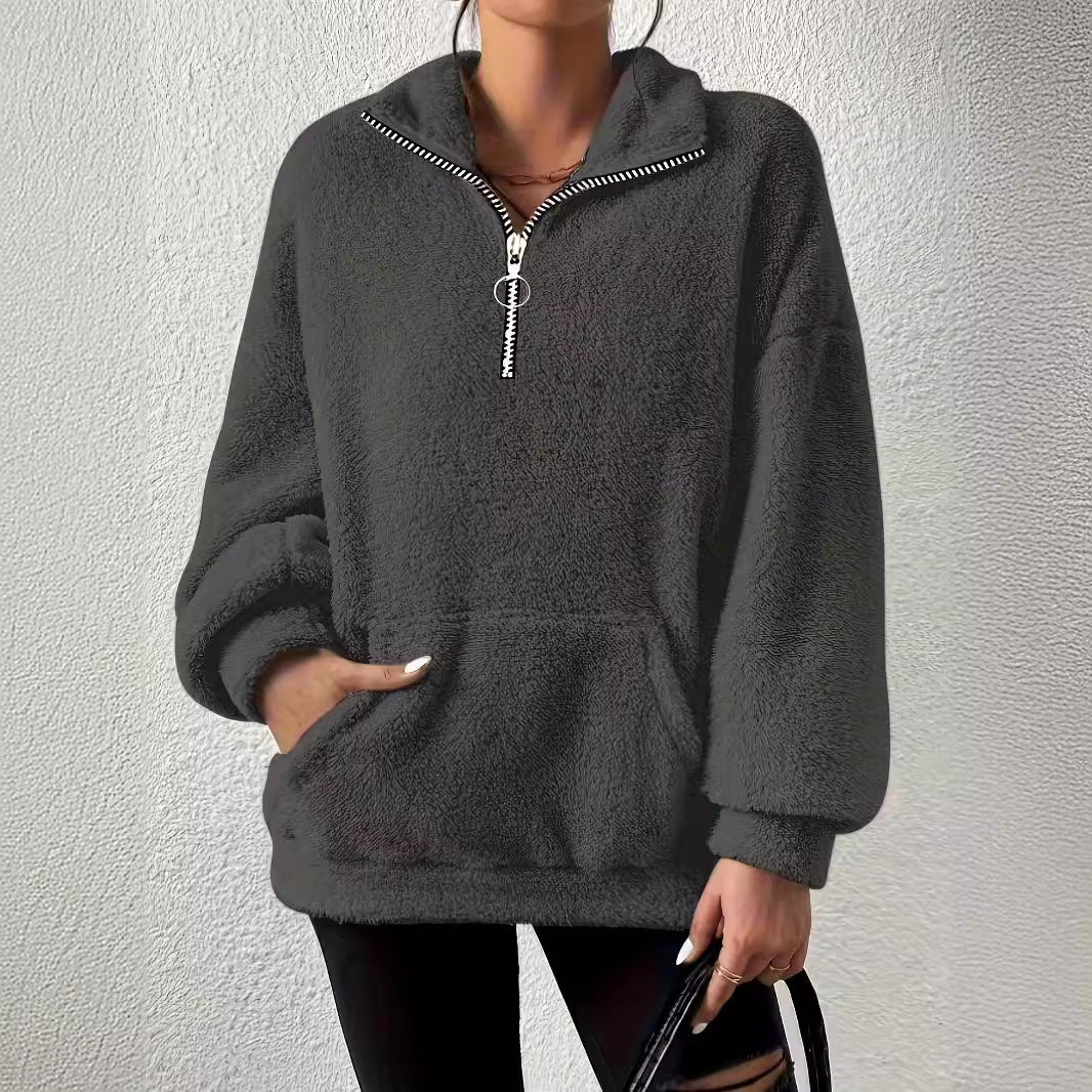 new product 2025 European and American  leisure autumn and winter Mao Mao zipper women's stand-up collar pocket sweater women's clothing