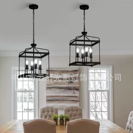 American retro industrial style square birdcage wrought iron glass Nordic creative personality wine bar counter living room dining room chandelier