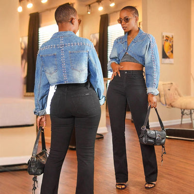 M1-16260# cross-border european and american retro rivet women's loose slimming versatile sweet cool style denim jacket
