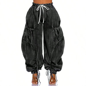 European and american style women's washed denim drawstring high-waisted cargo pants with cuffed ankles, multiple pockets, loose fit, hip-hop streetwear, plus size jeans