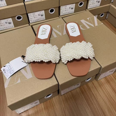 2024 summer new women's shoes: faux pearl embellished mules, low heel open toe, versatile casual beach sandals