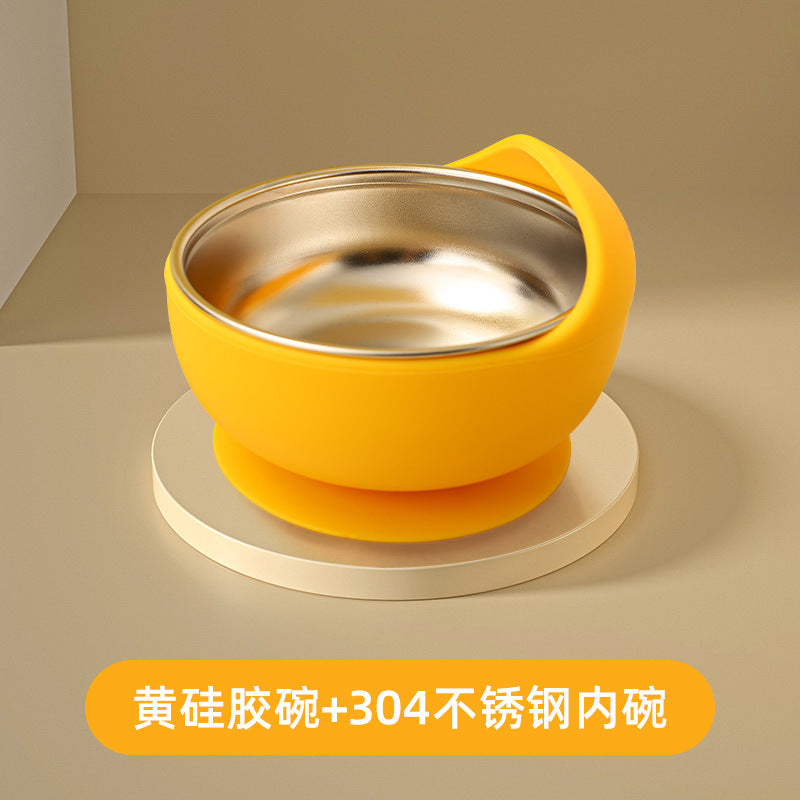 Stainless steel suction cup bowl baby special complementary food baby bowl independent eating silicone anti-drop and anti-scalding children learn to eat