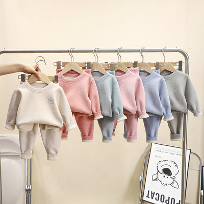 Kidsheattechintimatessuit baby oli velvet thickened autumn clothes long johns children boneless fleece-linedfall and winter pajamas