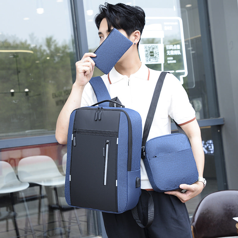 Simple backpack men's lightweight reflective strip large capacity multi-function USB schoolbag business commuter three-piece backpack