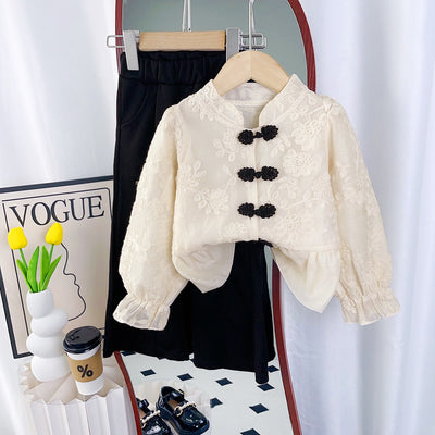 Autumnew arrivalk-stylegirlretrosuitcardigantopskidsflared pantsnew chinoiseriechinese style buckle children's clothing