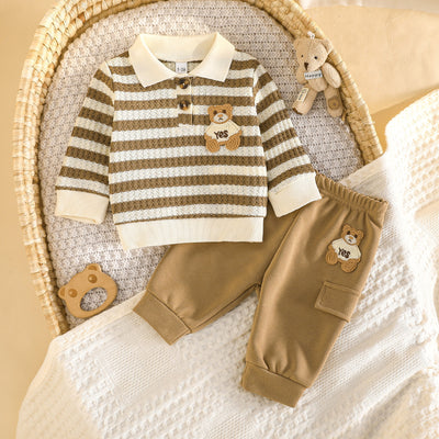 cross-border hot seller: brown and white striped bear polo shirt set - waffle knit top + cargo pants