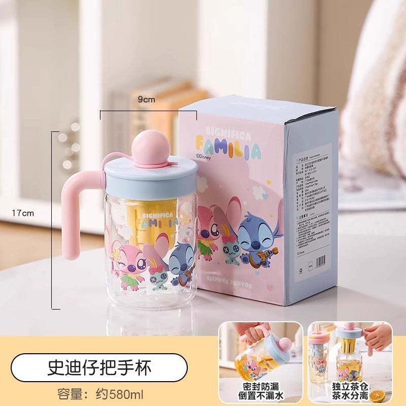 Stitch Glass Girls Large Capacity Cold Drink Fruit Teacup Stitch Drinking Tea Cup Independent Tea Warehouse with Straw