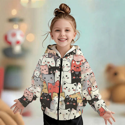 Kids' hoodie jacket, cross-border hot seller: cute cartoon print fashion zip-up hoodie for girls, dropshipping available