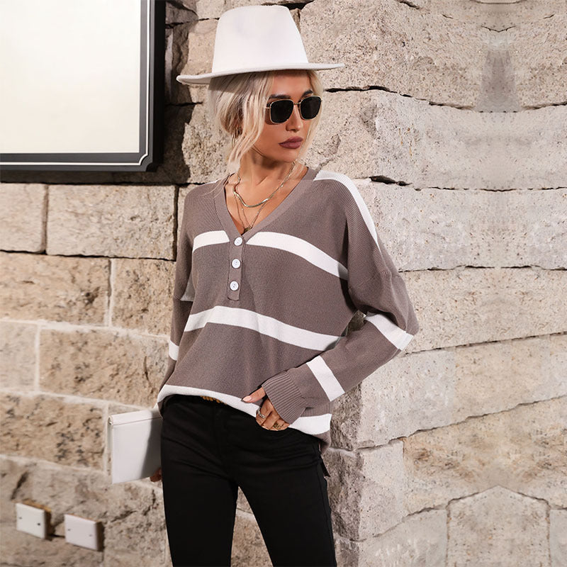 Independent Station Foreign Trade Wholesale 2023 Autumn New European and American Women's Cross-border Striped V-Neck Pullover Sweater