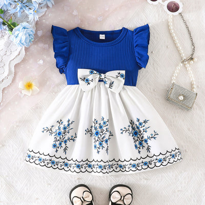 exclusive: sweet floral print dress for baby girls, featuring flutter sleeves and ribbed knit panel detailing