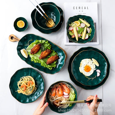 Nordic home decor personalized creative bowl, plate, and dish set - trendy green gold-trimmed ceramic dinnerware
