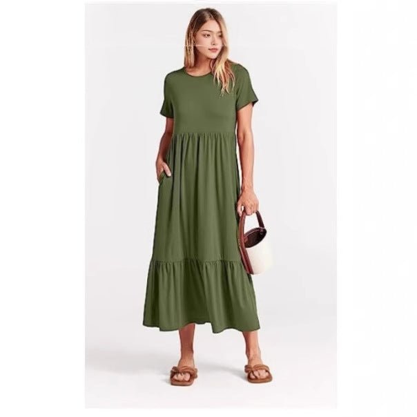 Spot 2024 new women's clothing   explosion temperament round neck pleated solid color pendulum dress