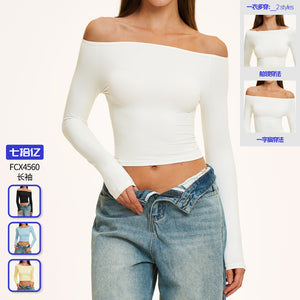 brushed yoga long sleeves plaid tight one-shoulder waist long sleeves t-shirt running sports yoga clothes 4560