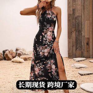 Amazon women's clothing japan summer new high-waisted printed dress vacation style slit halter maxi dress