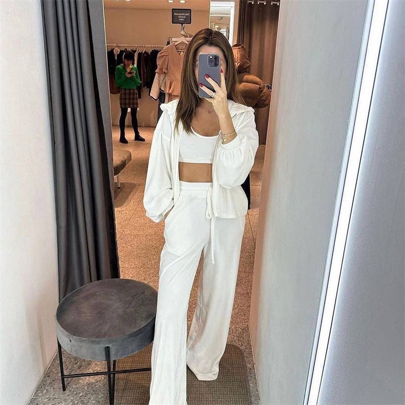 ins style women's clothing fashion temperament long-sleeved vest trousers three-piece set casual cardigan wide-leg trousers three-piece set