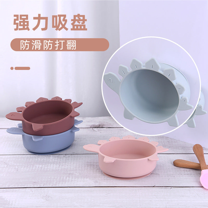 Cross-border hot-selling silicone dinosaur bowls and spoons, Mengqu non-slip tableware two-piece set, baby complementary food silicone bowls and spoons wholesale
