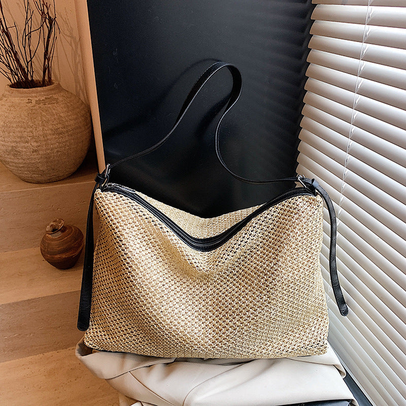 Foreign order large-capacity straw woven bag women's 2025 new summer versatile beach vacation woven tote bag messenger bag