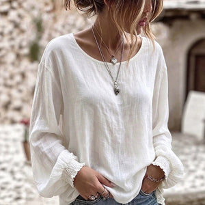 European and american cross-border exclusive: minimalist solid color plus size top - round neck, textured fabric, relaxed fit women's blouse