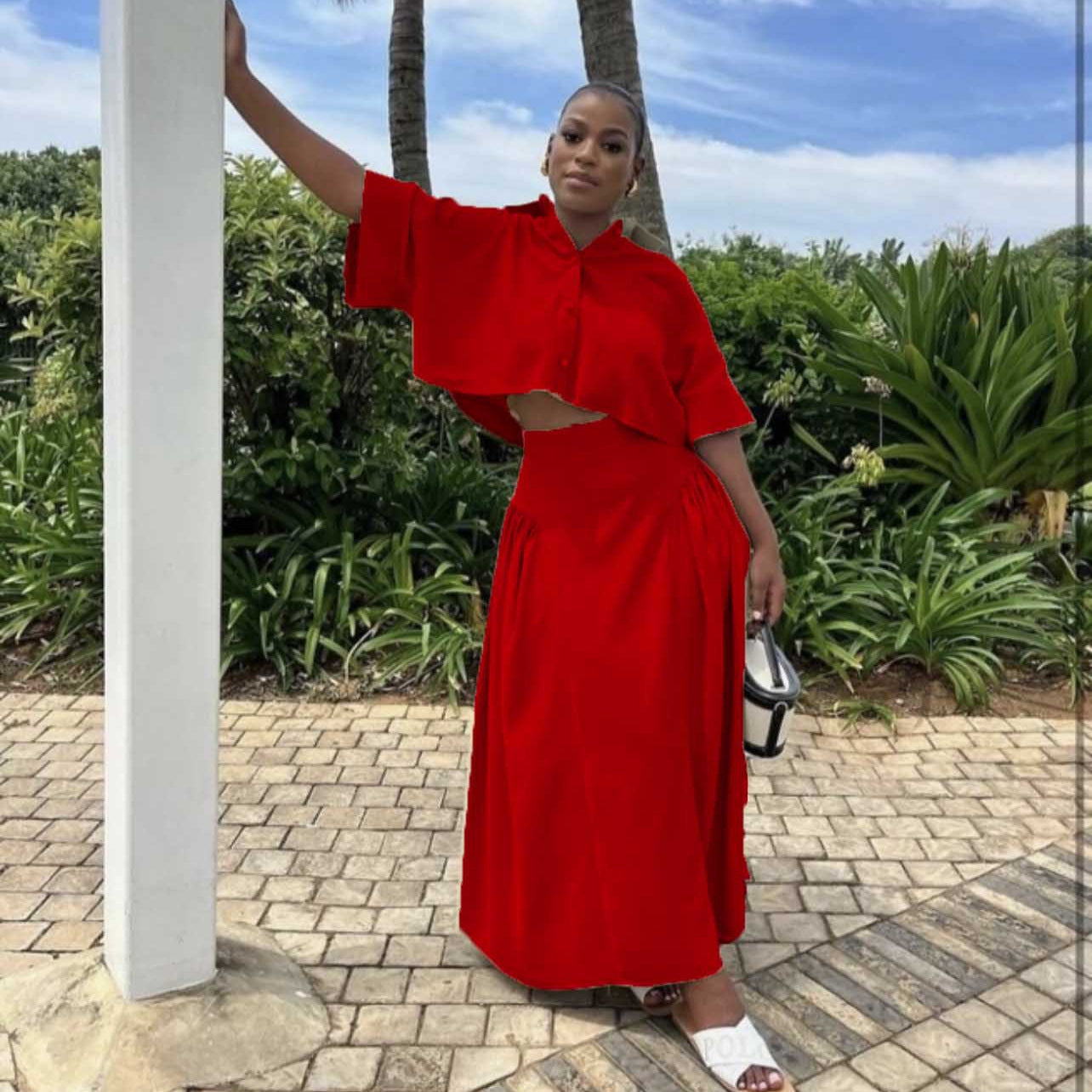 European and American new loose lapel cardigan short-sleeved top, solid color half-length skirt suit women's clothing